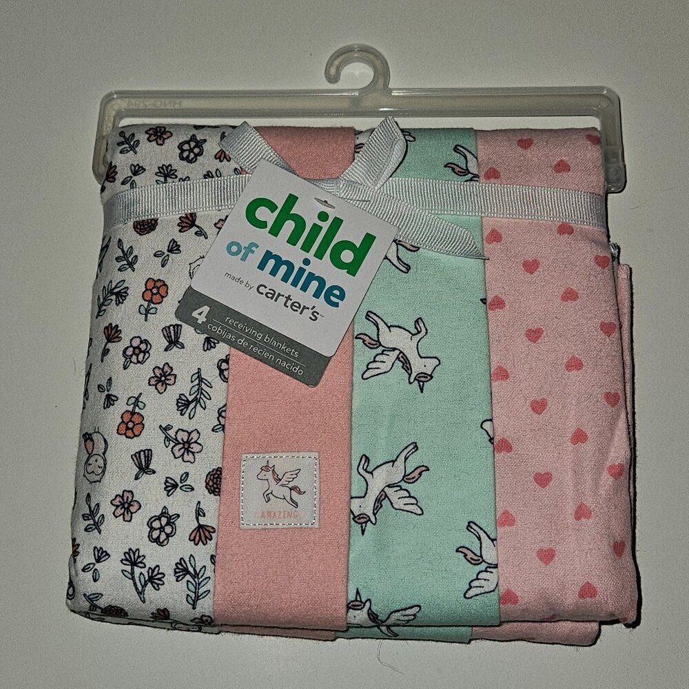 NEW Carter's Child of Mine 4 Receiving Blanket Lot Pink Flower Owl Unicorn Heart